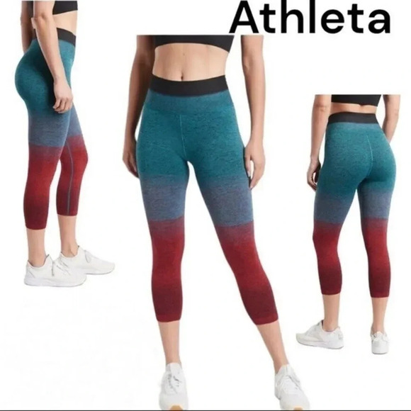 ATHLETA Relay Capri Gradient Ombre Multi Red Blue Activewear Workout Legging - Picture 1 of 13